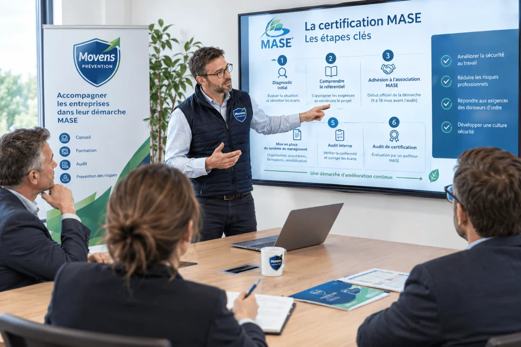 Consultant Movens Prévention expliquant la démarche MASE à la direction